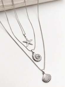 3pcs Set Fashionable Ocean Style Stainless Steel Necklace Set With Starfish/Shell/Conch Pendants, Can Be Used As Gifts - Silver - View 10