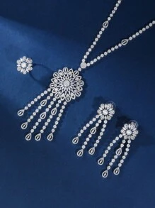 Set de 3 piezas de collar, aretes y pulsera minimalistas de longitud para suéter, con circonita cúbica plateada, adecuado para el uso en bodas y banquetes de mujer, en otoño/invierno
