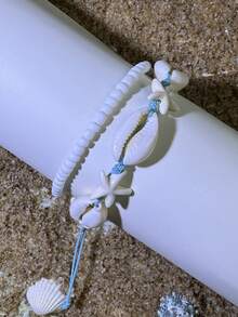 2pcs/Set Bohemian Beach Style Beaded Seashell & Starfish Handmade Bracelet Set For Women