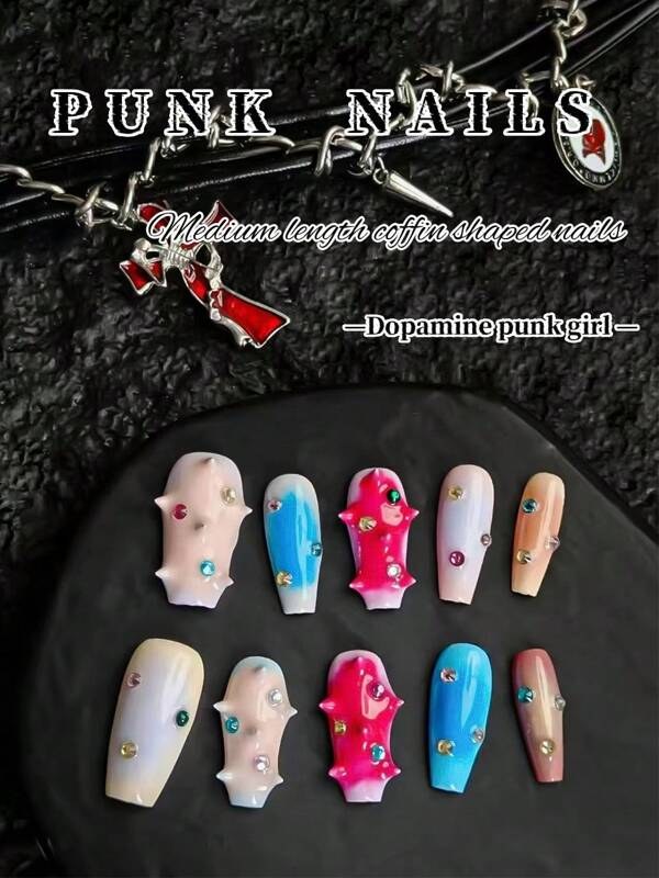Handmade Set Of 10 Punk Style Nails, 170 Rivets, Medium Length Coffin Shaped Nails, Spicy Punk Girl Cyberpunk Metal Heavy Dark Black (Dopamine Punk) Nails, Suitable For Women And Girls To Wear At Daily Holiday Parties To Enhance Your Appearance, Press On The Nails