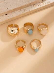 7pcs Vintage European & American Style Luxury Fashion Gemstone Inlaid Rings, Asymmetrical Thick Metal Golden Rings Set, Women Daily Party & Banquet Decorative Jewelry Set - Vàng - Xem 7