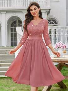 MIUSOL Elegant V-Neck Sequin Floral Lace Ruched Chiffon 3/4 Sleeve Evening Party Long Dress
