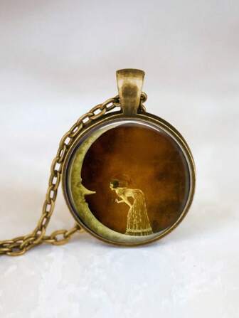 suteyi Kvinna på månen, konstverk från Shannon Stamey, månsmycken, halvmånehalsband, smycken i vintagestil, smycken i dekorativ konststil, 1920-talsstil