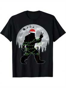 Impresión navideña, camiseta de algodón para hombres, camiseta gráfica, ropa de exterior navideña para hombres, ropa de hombre, camiseta casual de manga corta con cuello redondo, tops para hombres, regalo para hombres - Negro - Ver 2