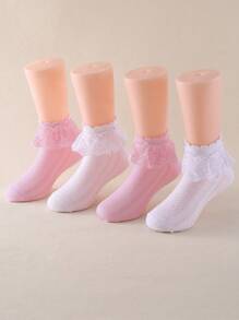 6 Pairs Children Lace Trim Mid-Calf Socks, Girls White Dance Socks, All Season