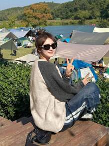 Vintage Colorblock Round Neck Long Sleeve Women's Thick & Loose Knitted Pullover Sweater, Autumn/Winter