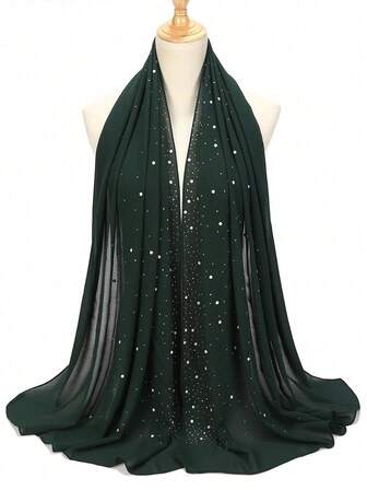 1pc Shiny Rhinestones & Faux Pearl Chiffon Muslim Hijab Scarf