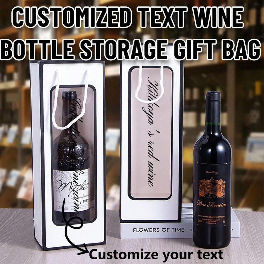 1pc Customized Text Wine Bottle Storage Gift Bag, Holiday Party & Daily Wine Bottle Carrying Bag With Transparent Window For Single Bottle Wine Gift Packaging