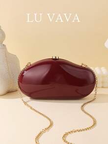 LU VAVA 春夏石纹亮面糖果色手拿包，可拆卸金色链条肩带，适合舞会和约会之夜使用，酒红色/黑色/乳白色奢华派对配饰 - 酒紅色 - 查看 3
