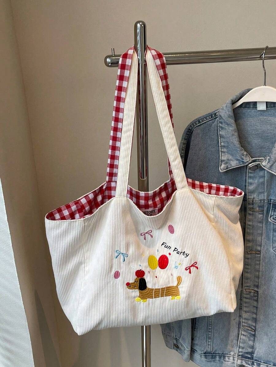 1 chiếc túi tote vải canvas màu be thêu hình cún con dễ thương, có thể gấp gọn và nhẹ, dung tích lớn, túi đeo vai cho nữ, có nơ, kiểu Kawaii. - Màu be - Xem 1