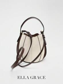 ELLA GRACE-复古双色水桶包 - 帆布和皮革斜挎包，配有可拆卸零钱包，宽敞的日常钱包，适合上下班通勤、周末出差和休闲旅行 - 米色 - 查看 5