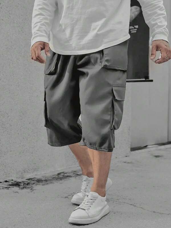 Plus Size Men's Summer Casual Multi-Pocket Drawstring Waist 3/4 Length Shorts