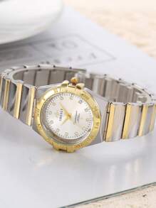 1 pieza Reloj de cuarzo de acero inoxidable con diamantes de imitación, de mujer, de moda, minimalista y versátil de lujo