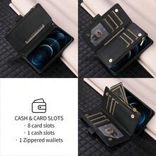 Luxury Wallet Fashion Double Button Small Fragrant Wind With Zipper Card Slot Photo Frame Kickstand Function Magnetism Flip PU Artificial Leather Case Compatible With Samsung Galaxy Compatible With IPhone, Soft Silicone With Hand Strap Business Shockproof Protective Cover Waterproof Anti-Fall Scratch Resistant - Black - View 11