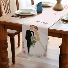 1 pièce Chemin de table de mariage rose personnalisé, déco de table imprimée respirante en lin monoface, convient pour buffet, fête, vacances, dîner, pique-nique, camping, décoration de table, taille 183*33cm