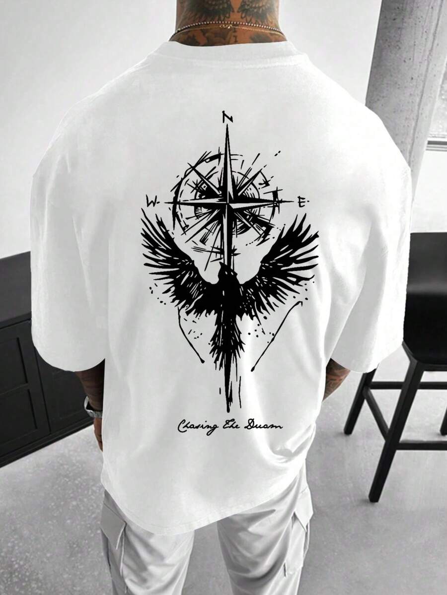 AnChiStreetwear - Áo thun nam cỡ lớn in hình chim đại bàng, cổ tròn, tay ngắn, kiểu dáng thường ngày, thích hợp cho mùa hè. - trắng - Xem 1