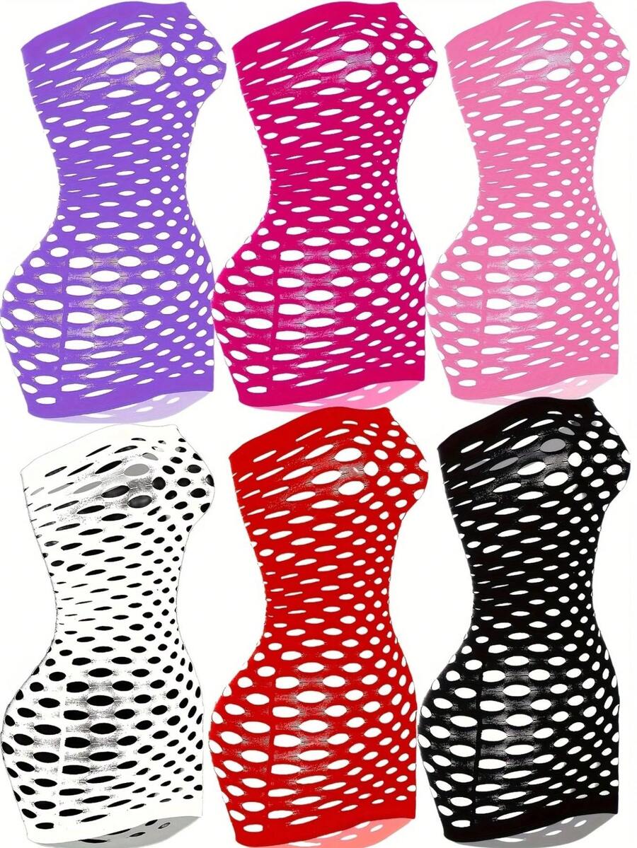 6-Piece Set Women's Sexy Lingerie Hollow See-Through Stretch Fishnet Dress Set Hollow Fishnet Blouse Bikini Tube Top Lingerie Pajamas Fishnet Dress Mesh Babydoll Sexy Party Role Play Costume Valentine's Day Lingerie Christmas Gift Women's Sexy Dress - 彩色 - 查看 1