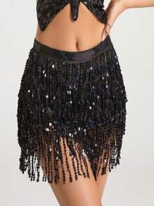 1 pieza Falda envolvente para la cintura con flecos brillantes, falda de 4 capas con flecos de lentejuelas para danza del vientre, danza latina, actuaciones de danza, adecuado para Halloween, carnaval, fiestas de baile, accesorios decorativos para la cintura