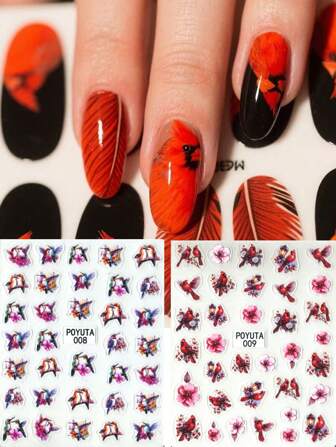 1 pièce Autocollant d'art pour ongles avec motif mignon d'oiseau et de fleur de cerisier. Décalcomanies en plastique autocollantes pour ongles, avec un bel oiseau, des fleurs magnifiques, un thème animalier, des accents pailletés, une forme asymétrique, sans odeur. Fournitures de salon de manucure DIY à usage unique pour femmes