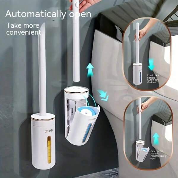 1 Set Cepillo de Inodoro Automático, Montado en la Pared, Set de Cepillo de Inodoro Desechable, Cerdas Suaves, Mango Largo, Accesorio de Limpieza de Baño, Cepillo de Inodoro sin Punto Ciego, Modelo de Pared 2025, Cabezal de Cepillo de Reemplazo de Limpieza
