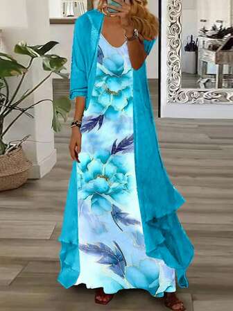 大码女式花卉印花无袖连衣裙和长款开衫两件套，适合所有季节