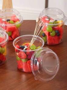 10个带盖透明圆形包装杯，时尚水果沙拉、酸奶和果汁杯 - 白色 - 查看 3