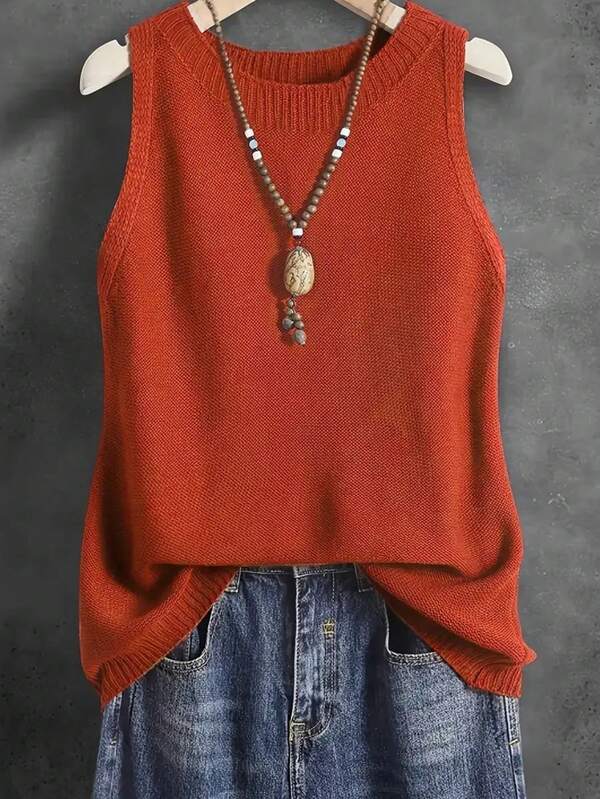 Conjunto de atuendos de primavera/verano para vacaciones: suéter holgado y cómodo de estilo casual, chaleco sin mangas de punto de unicolor casual para el hogar para mujeres