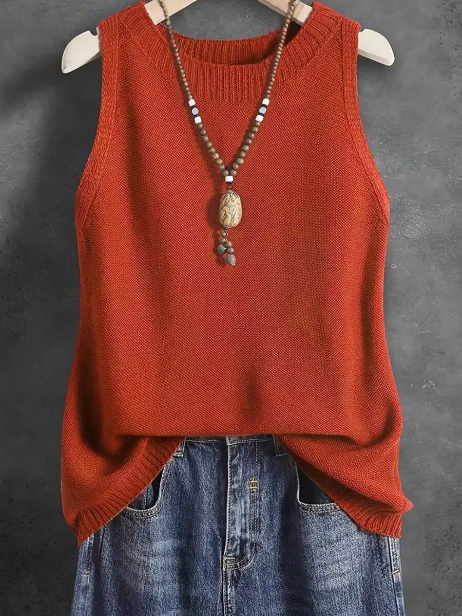 Conjunto de atuendos de primavera/verano para vacaciones: suéter holgado y cómodo de estilo casual, chaleco sin mangas de punto de unicolor casual para el hogar para mujeres