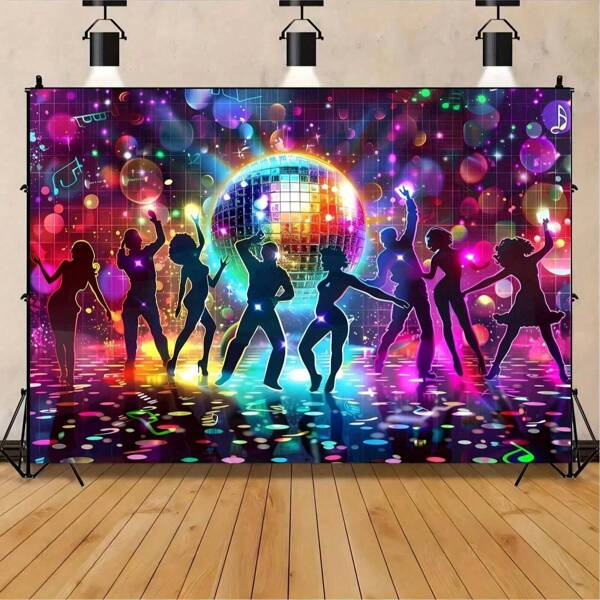 1pc Retro Disco Party Backdrop - 70s, 80s, 90s Vintage Neon Music Theme - Polyester Fiber Photo Studio Background, Suitable For Birthday Party And Nightclub Events, Banner, Universal Fit, No Power Required