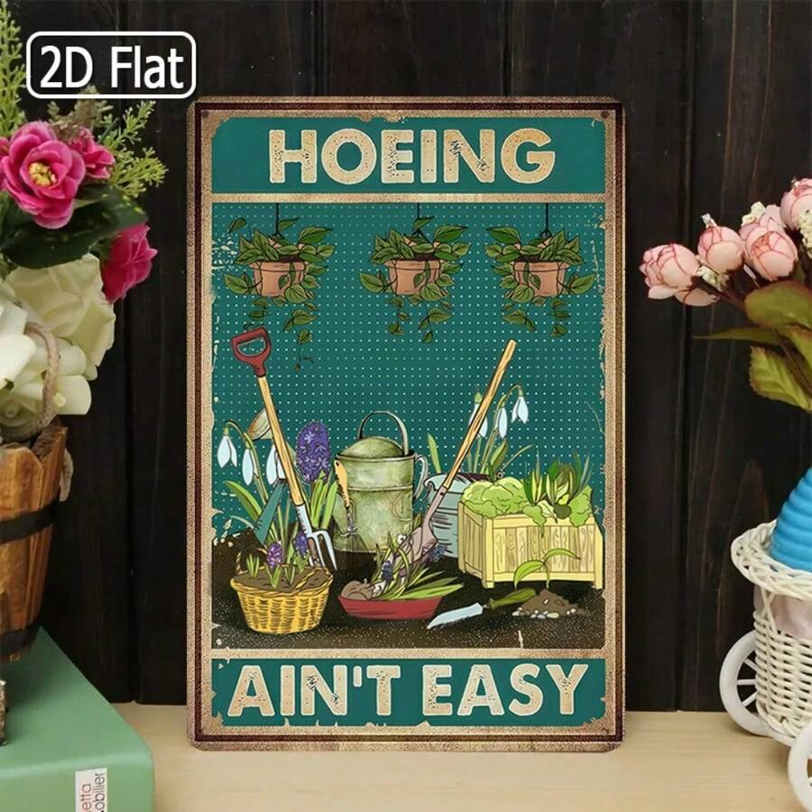 1pc 2D Flat Metal Sign, Gardening - Hoeing Themed Decor, Displays Gardening Tools, Highlights Difficulty Of Hoeing, Perfect For Garden Tool Storage Areas Or Pathways, Adds Rustic Charm, 8x12inchs/20x30cm/20x30cm - 彩色 - 查看 1