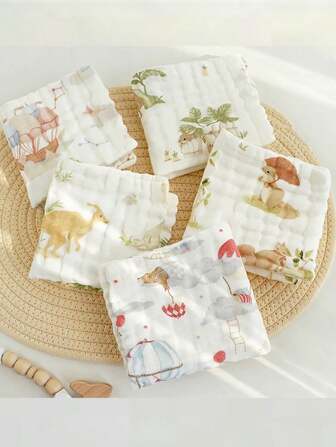 5pcs Random Cartoon Animal Pattern Baby Bibs, Newborn Pure Cotton Ultra-Soft Washcloths, Toddler Facial Towels