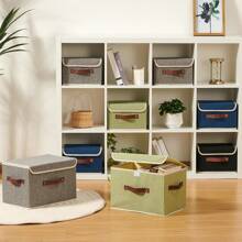 Storage Boxes With Lid Cotton Linen Fabric Storage Bins Organizer Container Decorative Collapsible Washable Shelf Baskets Faux Leather Handles For Home Bedroom Closet (Black, Small Size)