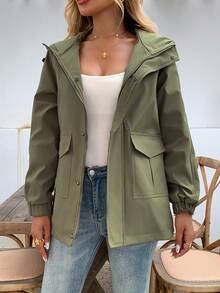 Women's Hooded Jacket, Fashionable Drawstring Long-Sleeved Slim-Fit Zippered Pocket Jacket, Women's Windbreaker, Suitable For Daily Wear In Spring And Autumn - Green - View 3