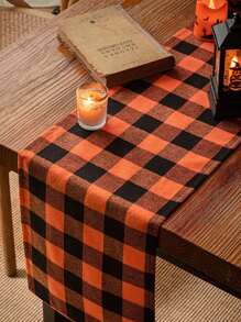 1 pieza Camino de mesa a cuadros naranja y negro de estilo retro de Halloween, adecuado para restaurantes, fiestas, mesas de comedor festivas y decoración del hogar