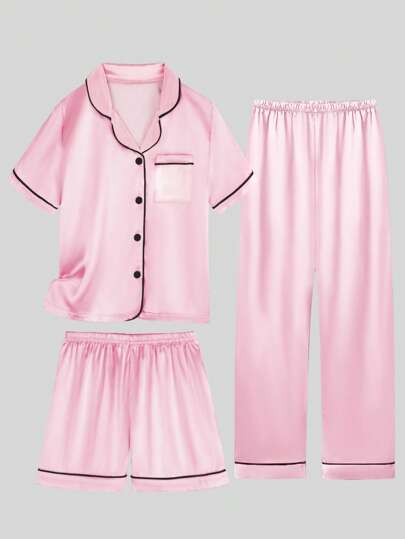 مجموعة بيجامة فتاة مراهقة تتكون من 3 قطع: قميص نصف كم بوردي + شورت/بنطلون