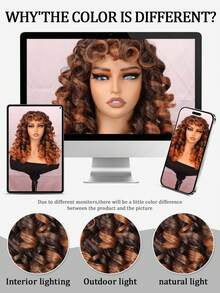 GKtineke-Curly-Wig Big-Curly-Wigs-For-Women 20 Inch- Long-Curly-Afro-Wig-With-Bangs Synthetic-Hair-Replacement-Wigs-For- Cosplay And Daily (Ombre Brown) - 漸層棕色 - 查看 8