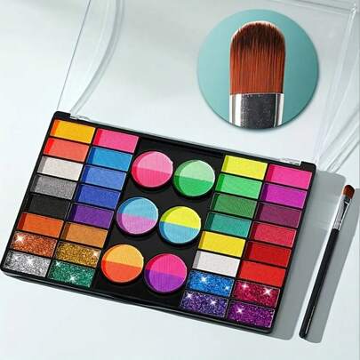 44 Colors Water-Soluble Painting Supplies, Includes 1 Brush, Matte (Multi-Layer), Fluorescent (Under UV Light), Glitter Combination Set, Suitable For Halloween, Carnival, Christmas, Stage Performance, Comic Con, DIY Design, Cosplay