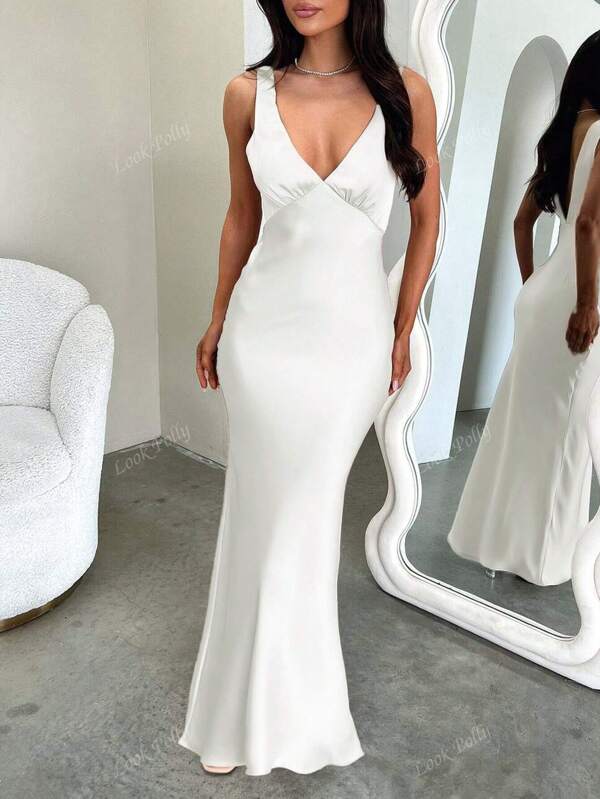 Look Polly Summer Women Dresses,Solid Color Silk Long Skirt Suspender Dress,Wedding Women Dresses Fall Women Clothes, Back To School Clothes,All White Party Outfit Women Off-The-Shoulder Dress Prom Dress,Elegant And Sexy V-Neck Long Dress