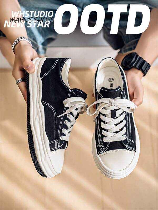 Men's New Spring Canvas Low Top Shoes, Niche Design, Breathable Low-Top Lace-Up, Thick Sole, Non-Slip, Lightweight, Comfortable, Skateboarding, American Retro Casual Sneakers