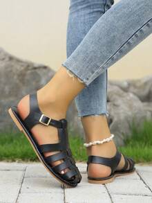 2025 New Retro Casual Flat Sandals, Breathable Woven Hollow Out Roman Shoes - Black - View 6