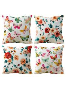 1pc/4pcs Colorful Butterfly & Floral Printed Throw Pillow Case, Home Decor Sofa Cushion Covers For Bedroom, Car