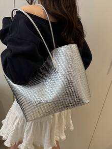 鳄鱼纹大容量女包2024流行新款时尚网红百搭单肩托特包 - 銀色 - 查看 6