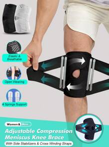 1 Pc- Adjustable Compression Knee Brace With Side Stabilizers For Meniscus, Bidirectional Cross Winding Straps, Breathable, Open Knee Compression Sleeve For Working Out Running, Knee Support For Men & Women (A Single One, Not A Pair/ Grey/ Black) Gym Accessories Knee Support Sports Knee Pads Gym Knee Pads