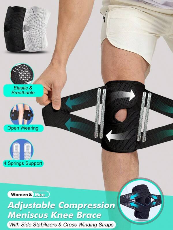 1 Pc- Adjustable Compression Knee Brace With Side Stabilizers For Meniscus, Bidirectional Cross Winding Straps, Breathable, Open Knee Compression Sleeve For Working Out Running, Knee Support For Men & Women (A Single One, Not A Pair/ Grey/ Black) Gym Accessories Knee Support Sports Knee Pads Gym Knee Pads