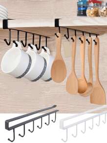 1pc White And Black Hook Cup Rack Storage Rack 6 Hooks Suitable For Cabinet, Pot, Shovel Rack, No Need To Drill Storage Rack