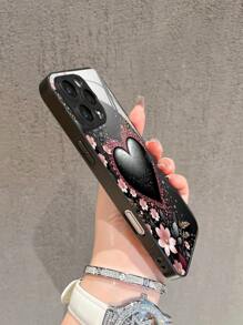 1 pieza Funda de teléfono de vidrio templado con diseño de corazón negro y brillo floral y de hoja rosa, compatible con iPhone 16 Pro Max/15/14 Plus/13/12/11/XR/8 Plus, Galaxy S25/S24/S23 Ultra/S22/S20, A53/A52/A15/A16/A04S
