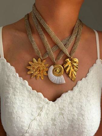 1 Pc Fashionable High-End Stainless Steel Leaf, Seashell, Sun Knitted Mesh Women Necklace