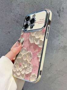 1pc 11 12 13 14 Pro Max 15 16 17 Pro Max Electroplated Phone Case, Silver Big Window - Pink Base Crayon Flower Design - Multicolor - View 3