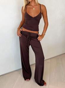 GAOVOT Women's Two Pieces Autumn Sexy Casual Deep V Halter Top And Loose Straight Pantsuit