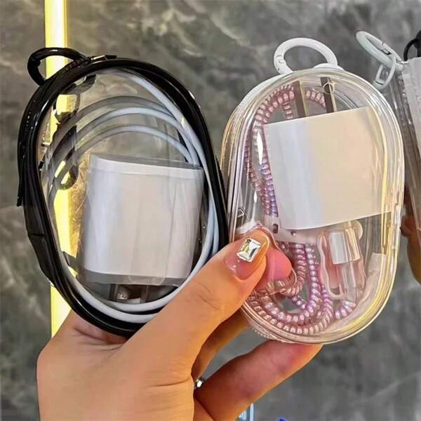 Portable Mini Transparent Charging Cable Storage Bag With Zipper Multifunctional Headphone Case Travel Accessories With Keychain